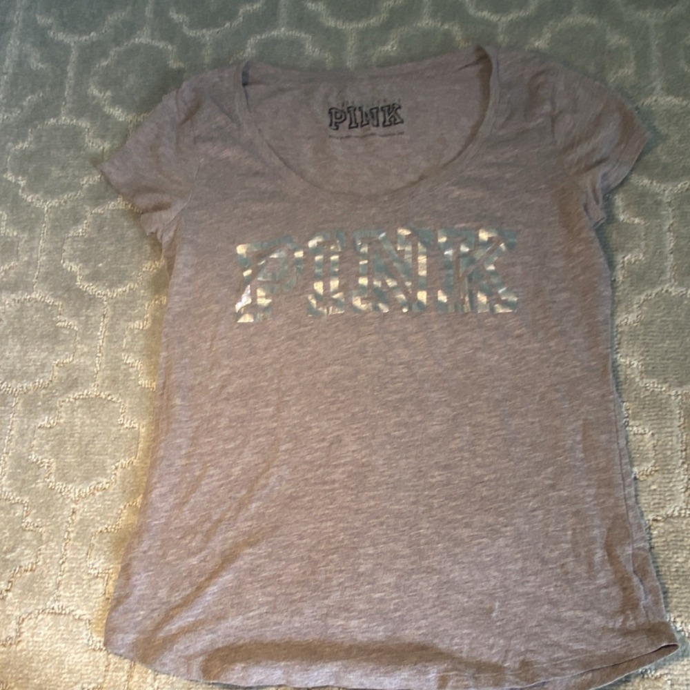 PINK Women's Gray Jersey Cotton Blend Scoop Neck Logo Short Sleeve T-Shirt